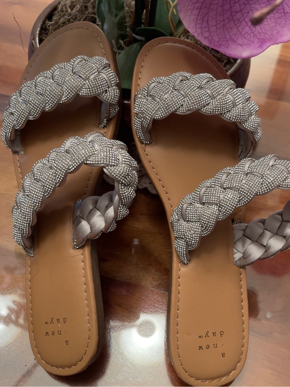 Braided Rhinestone Silver Slide Sandals - Women NEW DAY